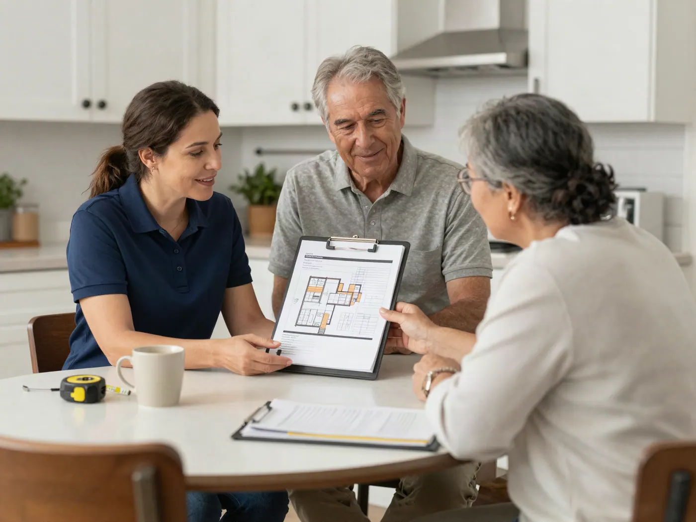 A coordinator walking a couple through their written estimate at the kitchen table