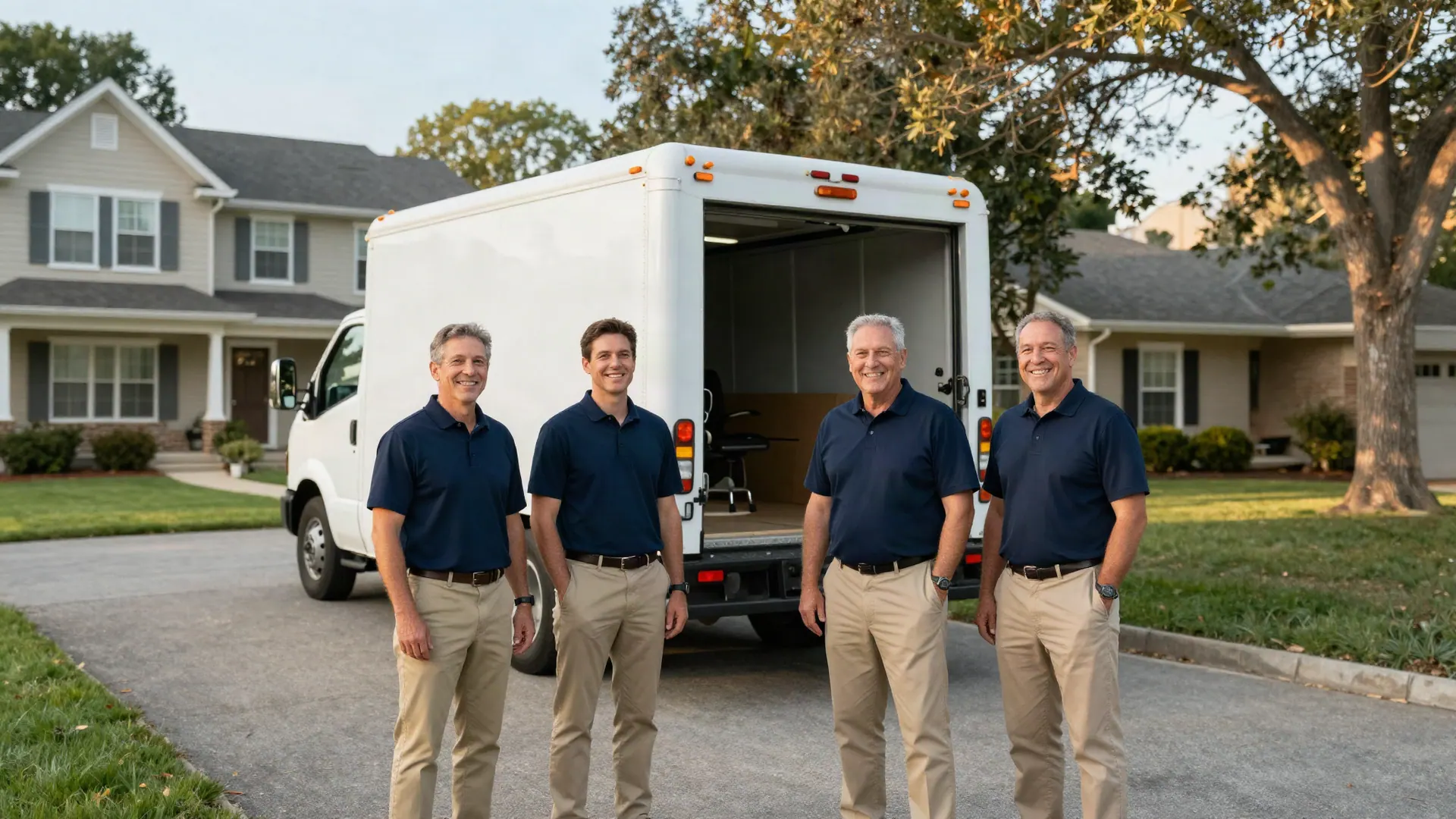 A two-person Next Nest crew loading the truck outside a client's home